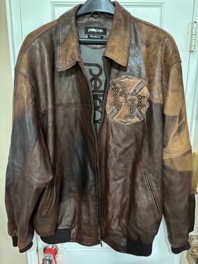 Pelle Pelle Distressed Brown Leather Bomber Jacket with Embroidered Chest Patch
